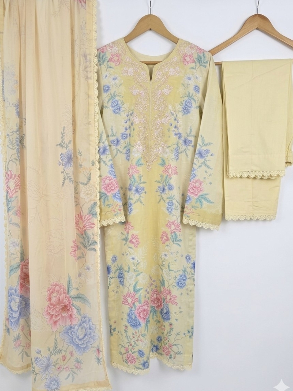 Original Maria B  Pastel Yellow Floral Embroidered Lawn Suit